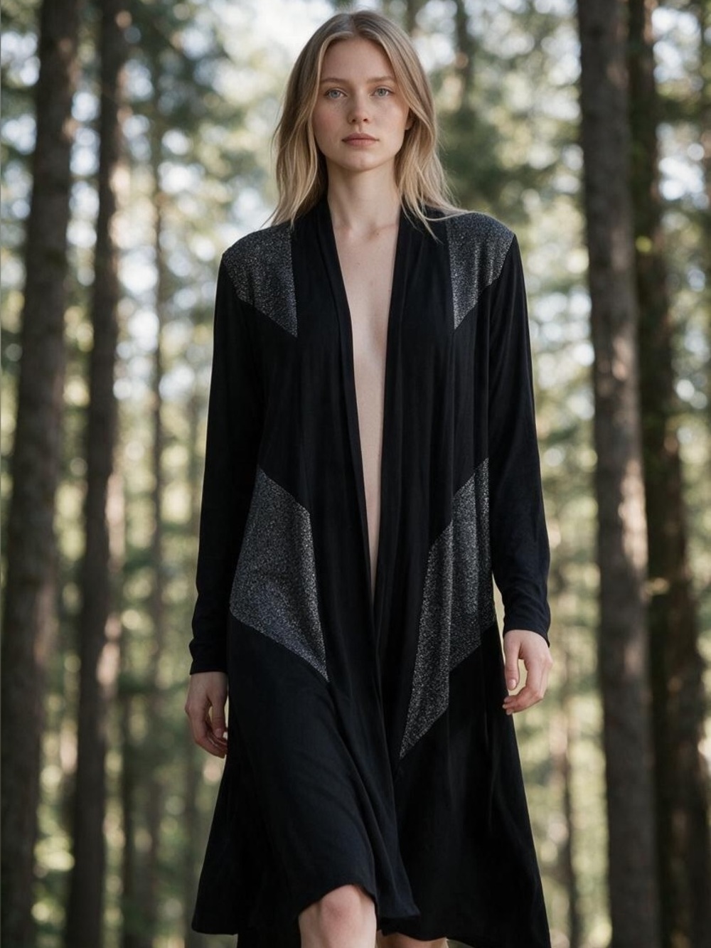 Black Sparkle Trim Open-Front Women's Duster Coat